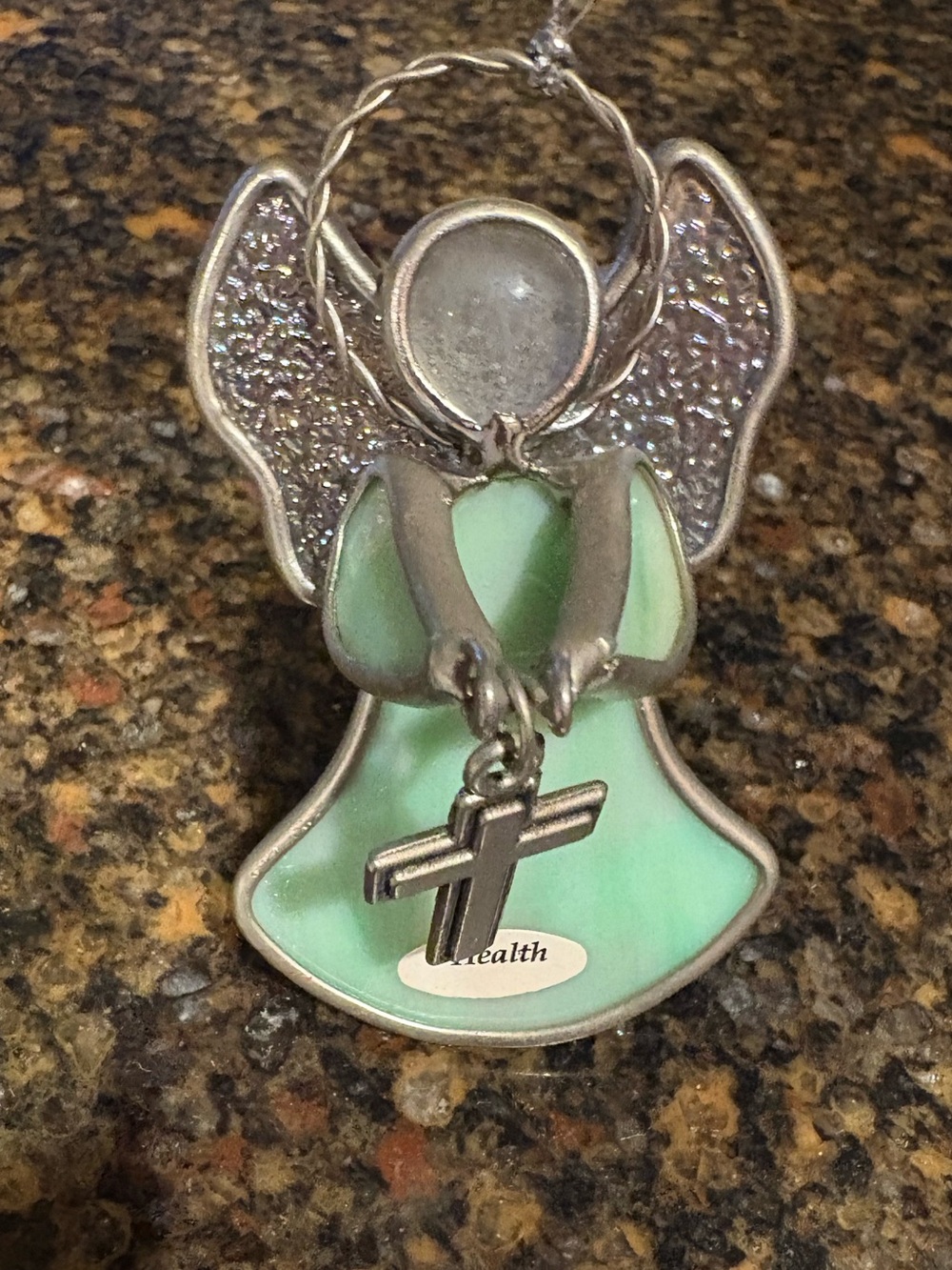 Ganz Green glass angel ornament with silver cross get well gift religious heal